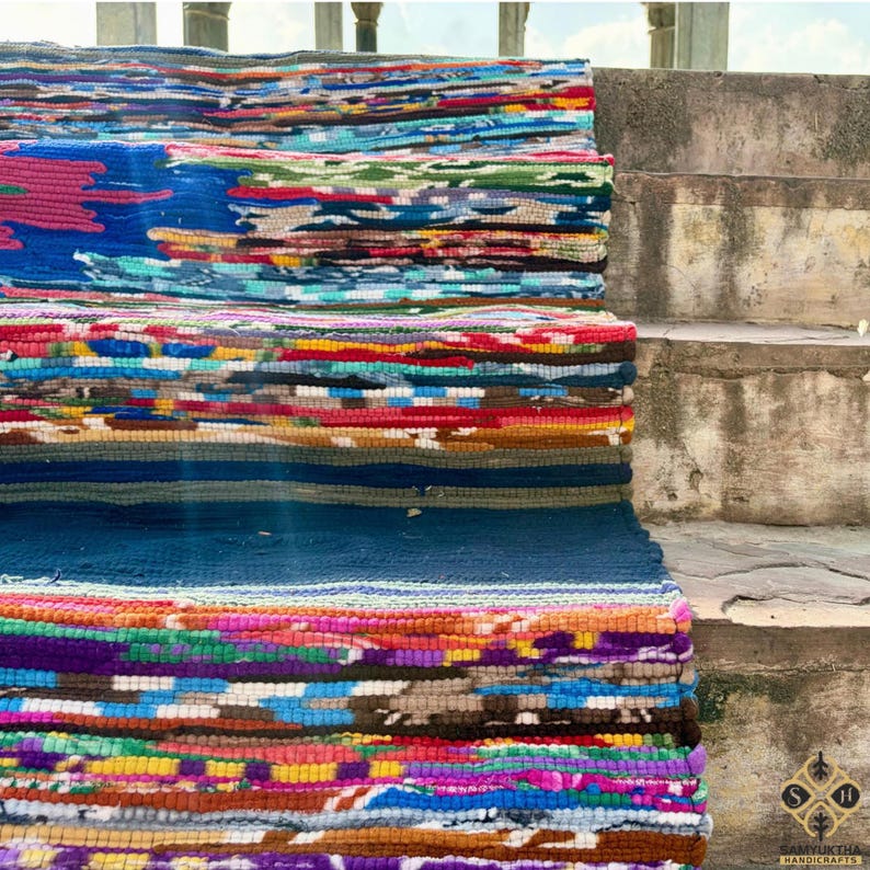 Multicolor Woven Rag Rug, Navy Blue Geometric Stripes, Boho Area Carpet ...