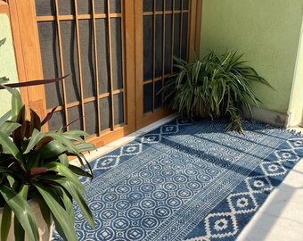 Handwoven Cotton Rug, Indigo Blue Dhurrie with Geometric Block Print