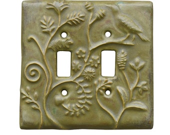 Persian Ceramic Double Toggle Light Switch Plate in Olive Green Glaze