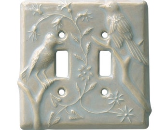 Birds Ceramic Double Toggle Light Switch Cover in Oyster Gloss Glaze