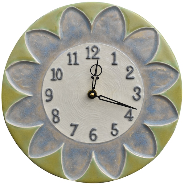 Sun Design Ceramic Wall Sculpture Clock in Oyster Gray, Green & Eggshell Glazes