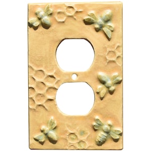 Honeybees Ceramic Duplex Outlet Plate in Almond Moss Finish Glaze
