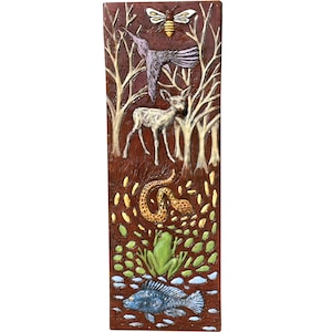 IN STOCK: Totem of Animals Ceramic Wall Sculpture Tile in Terracotta with Gloss Finish