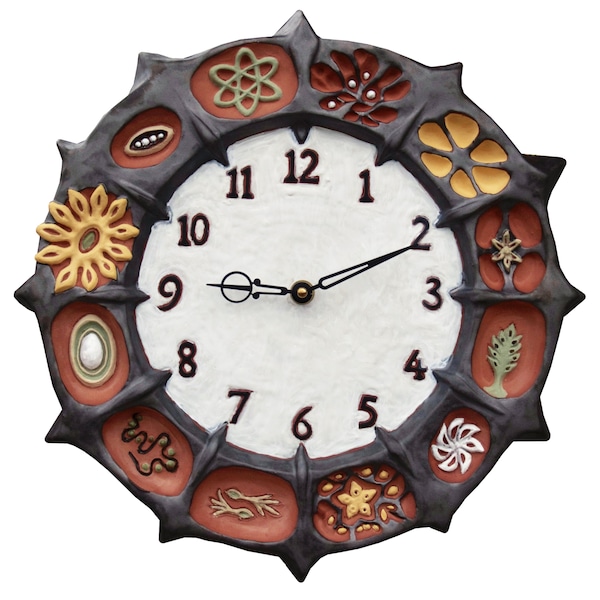 Wheel of Life Ceramic Wall Sculpture Clock in Steel & White Glazes on Terra Cotta Clay