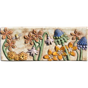 MADE TO ORDER: Botanical and Bees Ceramic Wide Wall Sculpture Tile in Colorful Glazes Glazes