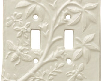 Botanical & Bees Double Toggle Ceramic Light Switch Cover in Eggshell Gloss Glaze