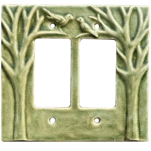 MADE TO ORDER: Trees & Birds Double Rocker Ceramic Switch Plate in Green Tea Glaze
