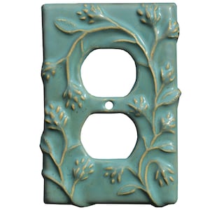 Vine Design Ceramic Art Duplex Outlet Wall Plate in Antique Teal Glaze