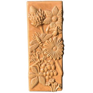 Botanical, Moth & Bee Tall Ceramic Art Wall Sculpture Tile in Creamy Orange Gloss Glaze