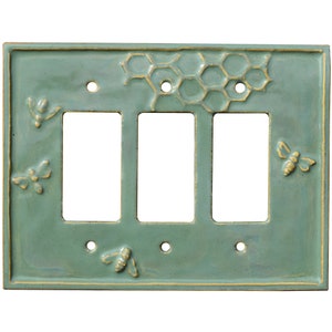 MADE TO ORDER: Ceramic 4 Bees Light Switch Cover- Triple Rocker in Antique Teal Glaze