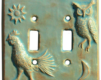 Rooster Owl Ceramic Double Toggle Light Switch Plate in Antique Teal Glaze