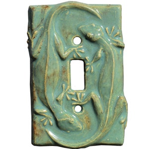 Geckos Ceramic Single Toggle Light Switch Cover in Antique Teal Gloss Finish Glaze