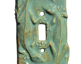 Geckos Ceramic Single Toggle Light Switch Cover in Antique Teal Gloss Finish Glaze