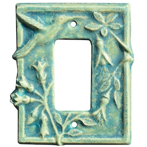Hummingbird Ceramic Art Single Rocker Light Switch Cover in Aqua Stone Matte Glaze