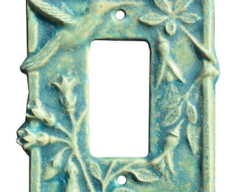 Hummingbird Ceramic Art Single Rocker Light Switch Cover in Aqua Stone Matte Glaze