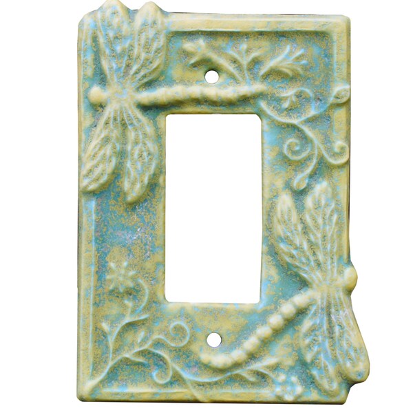 Dragonflies Ceramic Single Rocker GFI Light Switch Plate in Aqua Stone Matte Glaze