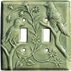 Birds Ceramic Double Toggle Light Switch Cover in Green Tea Gloss Glaze