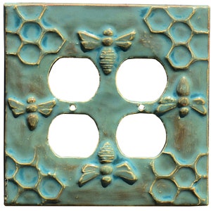 Honeybees Ceramic Double Duplex Outlet Plate in Antique Teal