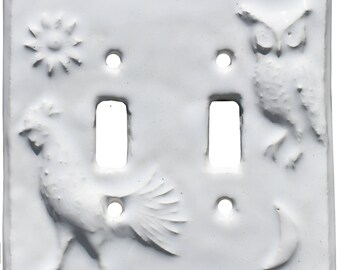 Rooster & Owl Ceramic Double Toggle Light Switch Plate in Arctic Gloss Glaze