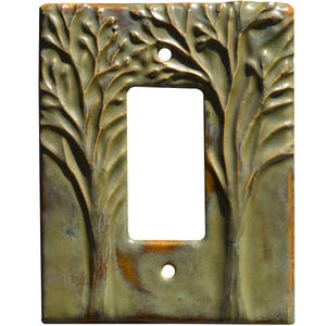 Trees Ceramic Single Rocker GFI Light Switch Plate in Olive Green Glaze