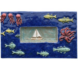 Sail Boat Nautical Marine Ceramic Wall Sculpture Tile in Sapphire Blue