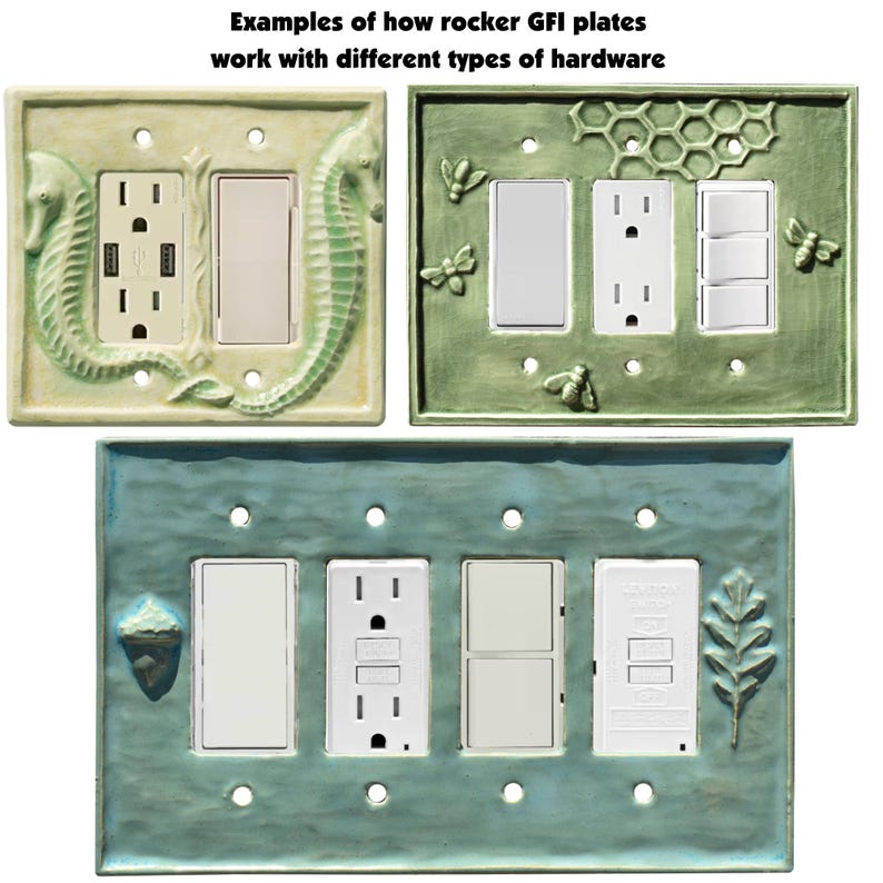 May include: Three decorative GFI plates with different designs. One plate has seahorse accents, another has bees and a honeycomb pattern, and the third has a leaf and acorn design. The text at the top says "Examples of how rocker GFI plates work with different types of hardware."
