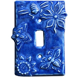 Honeybees Single Toggle Ceramic Light Switch Cover in Sapphire Blue Glaze