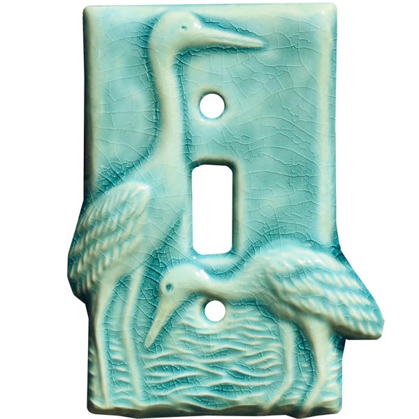 MADE TO ORDER: Egrets Ceramic  Single Toggle Light Switch Cover in China Blue Glaze