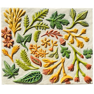 Spiral of Leaves Ceramic Wall Sculpture Tile in Yellow, Orange, Green and Eggshell Glazes