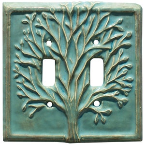Tree Ceramic Art Double Toggle Light Switch Cover in Antique Teal Glaze