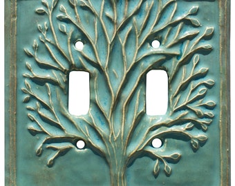 Tree Ceramic Double Toggle Light Switch Cover in Antique Teal Glaze
