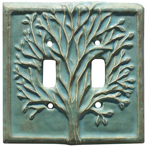 Tree Ceramic Art Double Toggle Light Switch Cover in Antique Teal Glaze