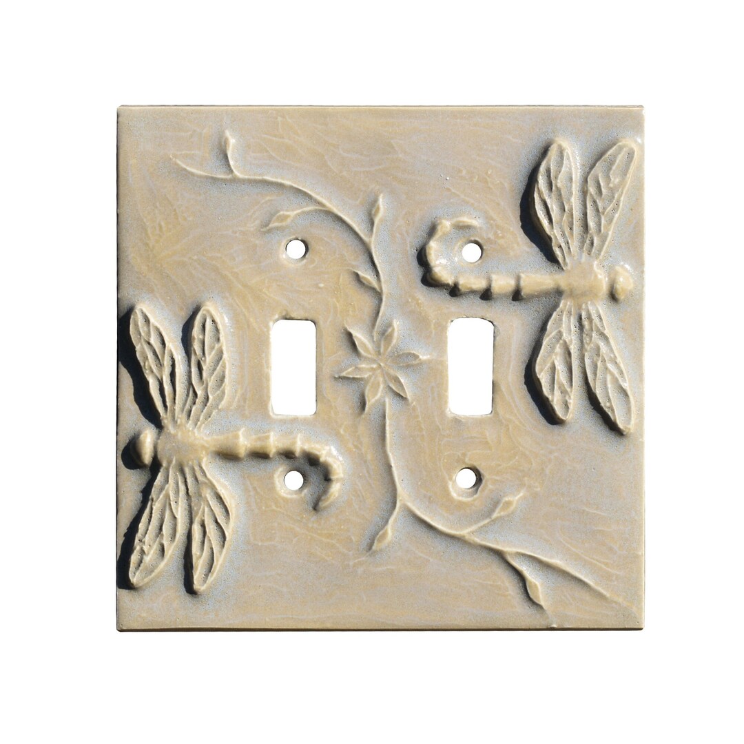 Dragonflies Ceramic Double Toggle Light Switch Plate in Oyster Gloss