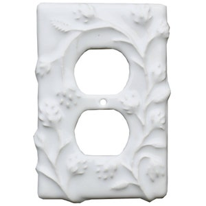Vine Design Ceramic Art Duplex Outlet Cover Plate in Arctic White Gloss Finish Glaze