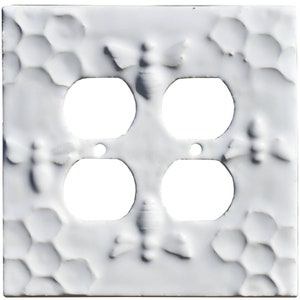 Ceramic Honeybees Double Duplex Outlet Plate in Arctic White Gloss Glaze