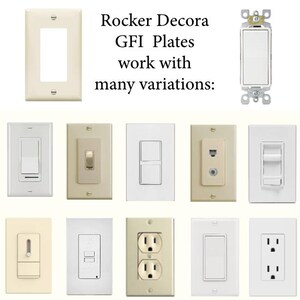 Puede incluir: Una colecci&oacute;n de placas de pared e interruptores el&eacute;ctricos de color crema y blanco. La imagen incluye varios estilos de interruptores de luz, enchufes y una placa en blanco. El texto en la parte superior dice "Rocker Decora GFI Plates work with many variations:"