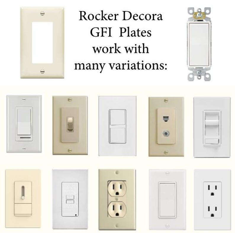Puede incluir: Una colecci&oacute;n de placas de pared e interruptores el&eacute;ctricos de color crema y blanco. La imagen incluye varios estilos de interruptores de luz, enchufes y una placa en blanco. El texto en la parte superior dice "Rocker Decora GFI Plates work with many variations:"