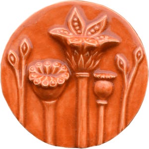 Poppies Ceramic Art Wall Sculpture Round Tile in Persimmon Gloss Glaze