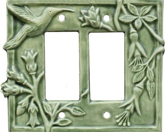 Hummingbird Ceramic Double Rocker Light Switch Plate in Green Tea Glaze