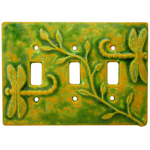 Ceramic Light Switch Cover- Dragonflies Triple Toggle Switch Plate in green gold glaze