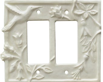 MADE TO ORDER: Hummingbird Ceramic Double Rocker gfi Light Switch Plate in Eggshell Glaze