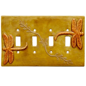 Dragonflies Ceramic Quad Toggle Light Switch Plate in Apricot Gold Glaze
