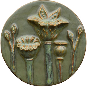 Poppies Ceramic Art Wall Sculpture Round Tile in Olive Glaze