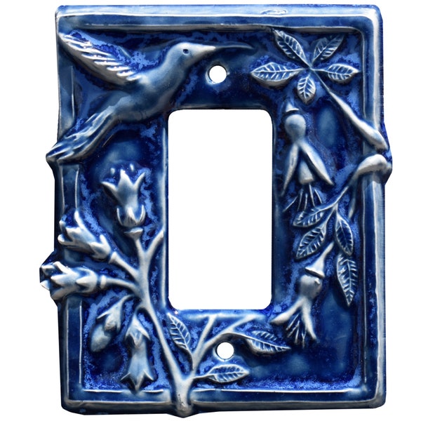 Hummingbird Ceramic Art Single Rocker Light Switch Cover in Sapphire Blue Gloss Glaze