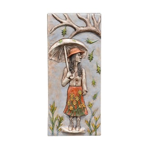 Woman in Autumn Ceramic Wall Sculpture Fine Art Tile in Light Colors