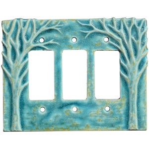 Trees Ceramic Art Triple Rocker Light Switch Cover in Aqua Stone Matte Finish Glaze