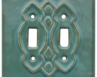 Moroccan Double Toggle Ceramic Light Switch Cover in Antique Teal  Glaze