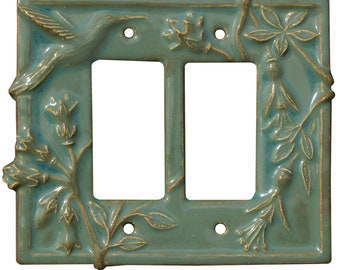 MADE TO ORDER: Hummingbird Ceramic gfi Double Rocker Switch Plate in Antique Teal Glaze