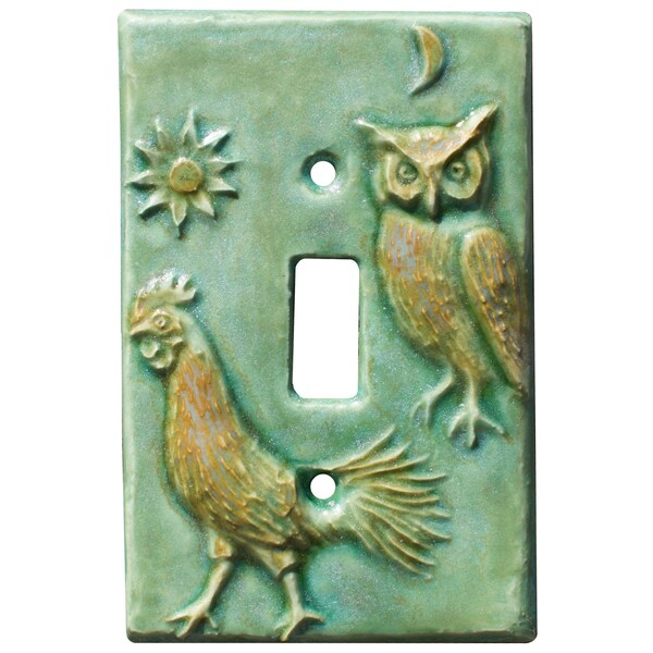 Rooster & Owl Ceramic Single Toggle Light Switch Plate in Patina Green Satin Finish with Amber Gloss Highlights