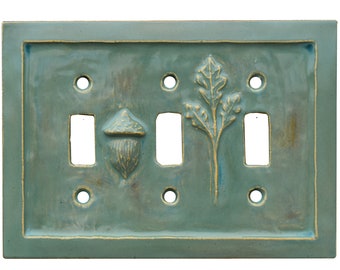 Acorn Oak Leaf Ceramic Triple Toggle Light Switch Plate in Antique Teal Glaze